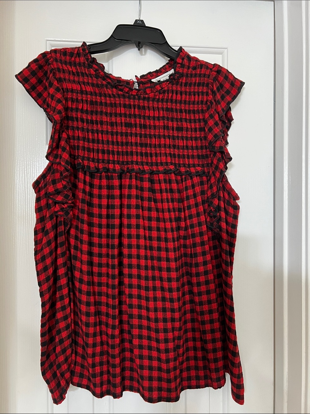 beachlunchlounge Red and Black Gingham Ruffle Yoke Blouse